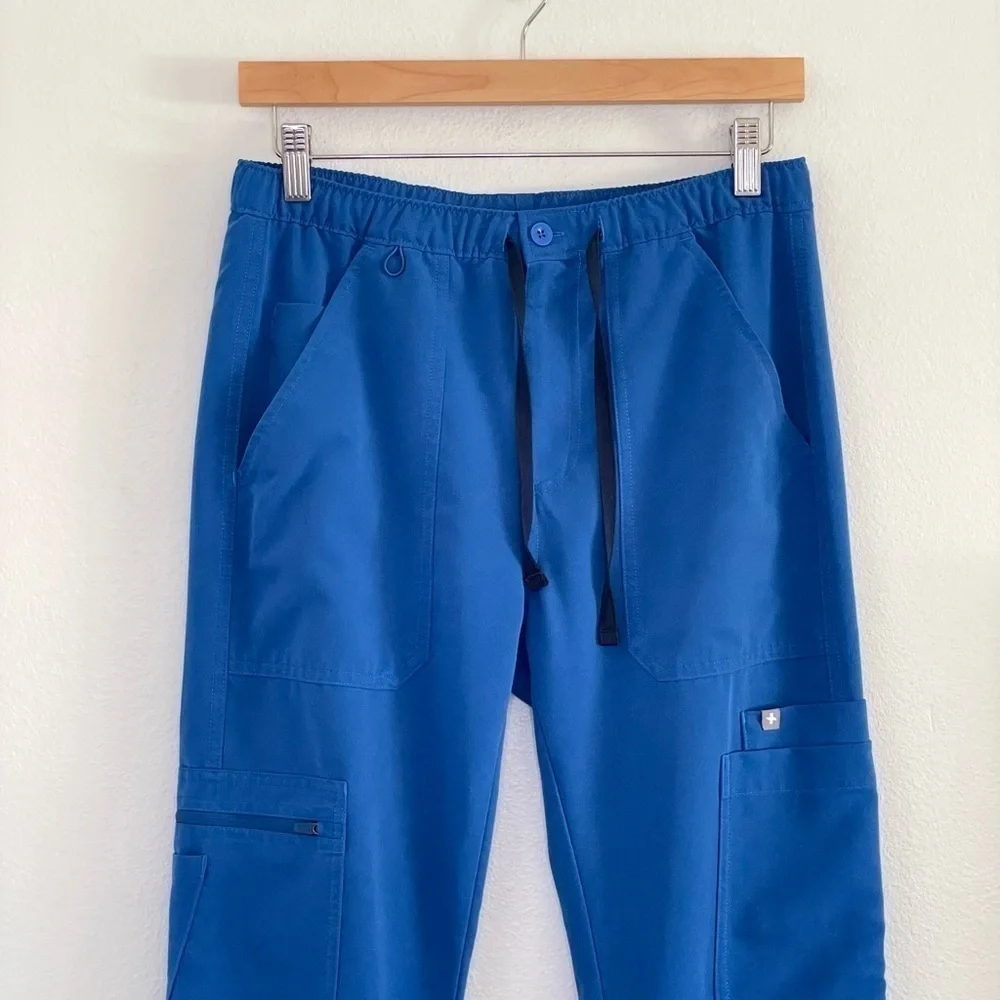 Figs Cairo Cargo Scrub Pants Drawstring Zip Fly Nine Pockets Royal Blue XS